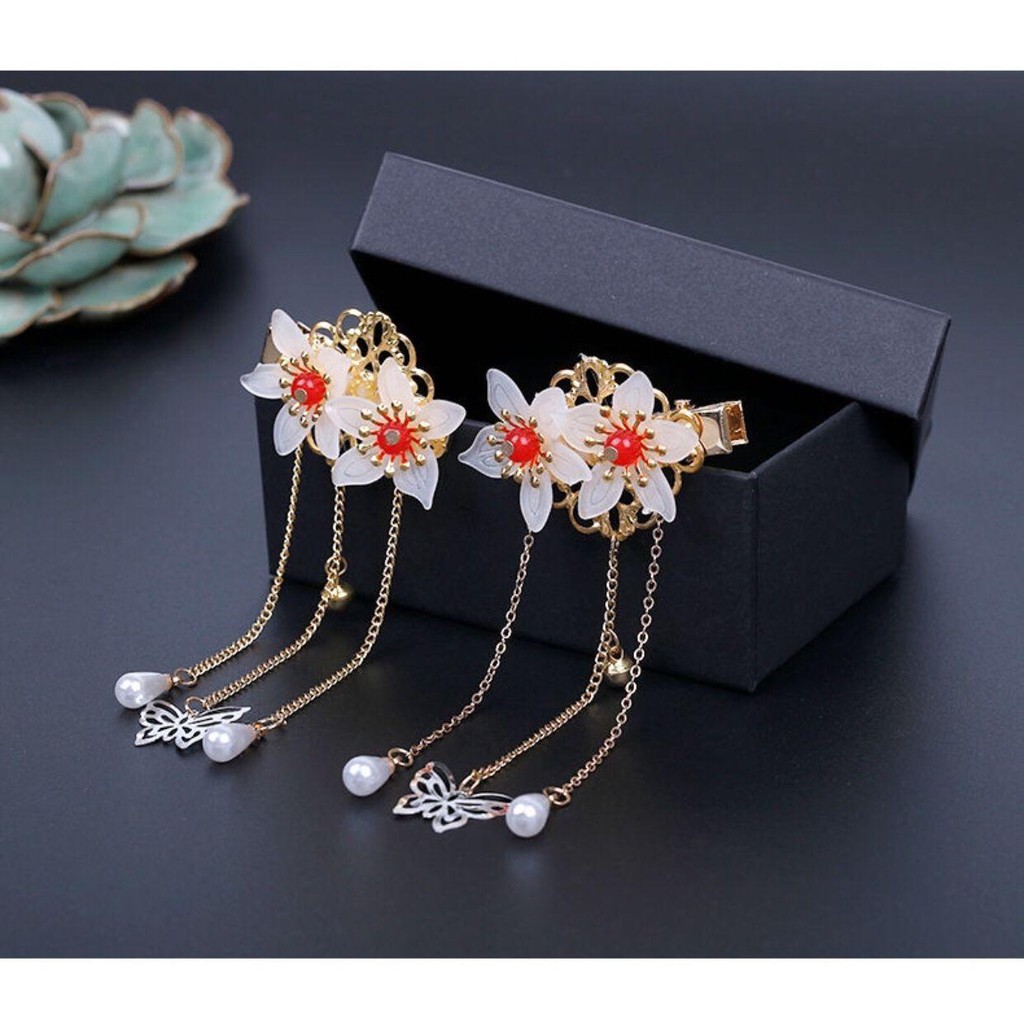 Cài tóc cổ trang hoa nhị đỏ thả điệp lục lạc phong cách cổ trang cổ đại quà tặng xinh xắn