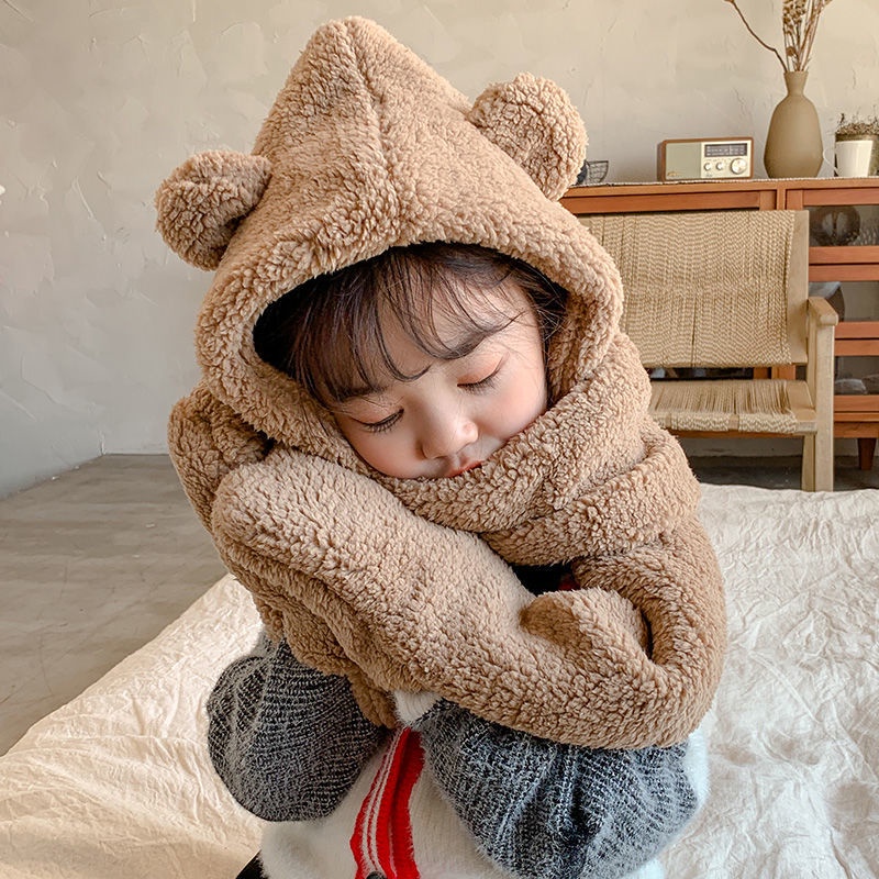 Bộ Mũ + Găng Tay + Khăn Choàng Cổ Dễ Thương Bảo Vệ Tai Mùa Thu Đông Cho Bé Trai Và Bé Gái