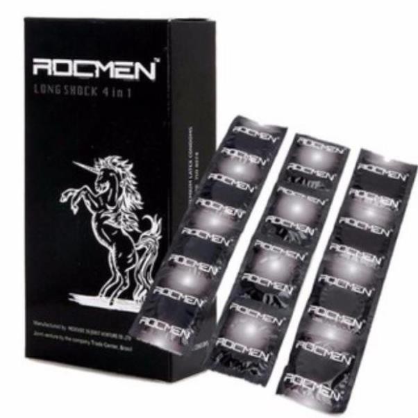 Bộ 3 Bao Cao Su Hộp Rocmen Đen 4in1 Gân Gai Kéo Dài Thời Gian 36 BCS