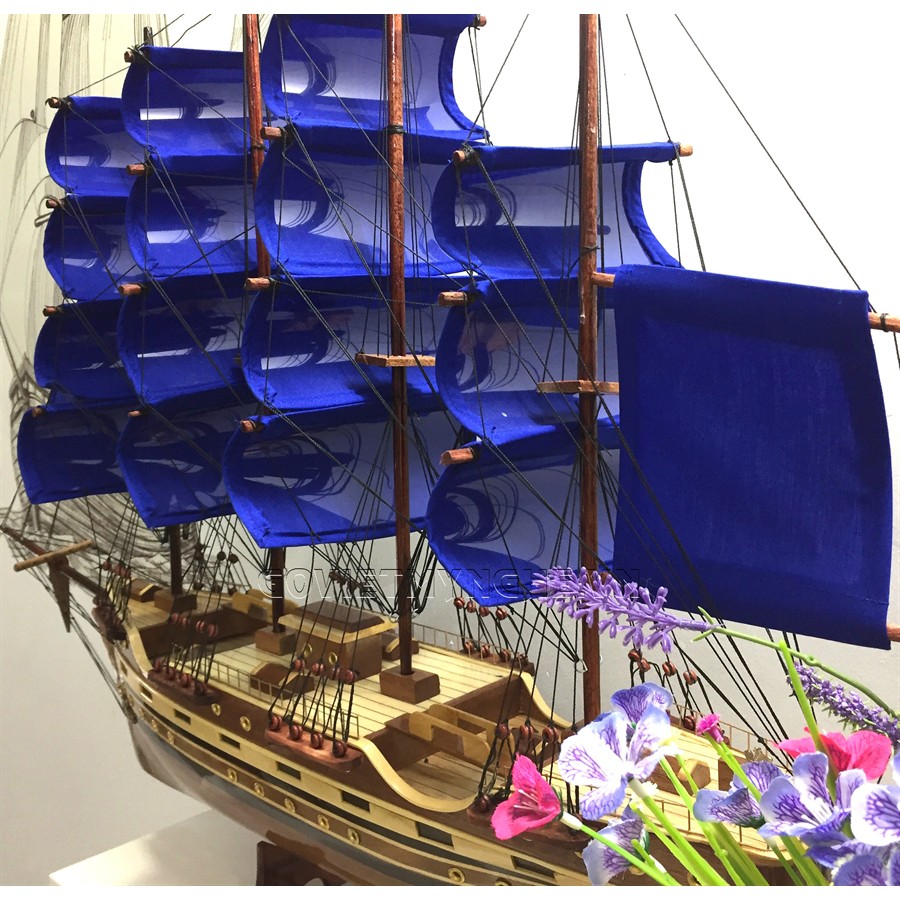 Mô hình thuyền gỗ thuyền trang trí tàu chở hàng France II - Thân dài 60cm - Buồm vải đỏ - Gỗ tràm bông vàng tự nhiên | BigBuy360 - bigbuy360.vn