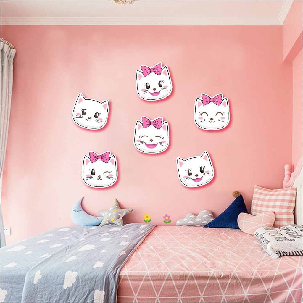 TRANH DECOR Dán tường Trang trí Nhà cửa – Bộ tranh Dán tường 6 Em Mèo Kitty -  Fomex Dày dặn, Có sẵn băng keo đi kèm