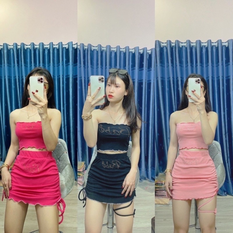 set áo ốmg chân váy rút dây hông(hình thật)