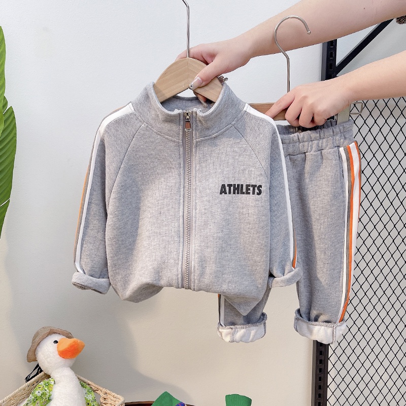 Bộ Áo Khoác Tay Dài Có Khóa Kéo In Chữ + Quần Dài Thể Thao Phong Cách Hàn Quốc Kiểu Mới Cho Bé Trai Gái 80-120cm