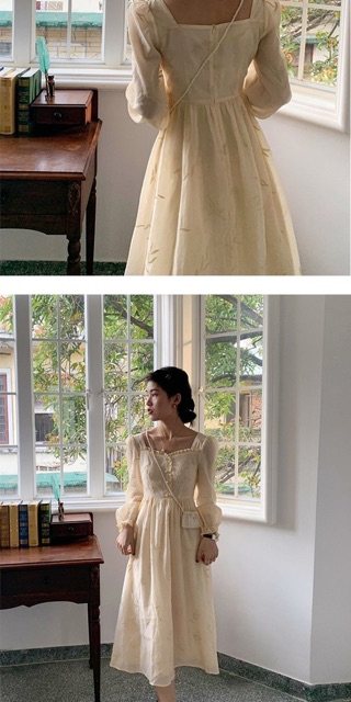 Order | Đầm tiểu thư dáng dài cổ vuông thêu hoa | BigBuy360 - bigbuy360.vn