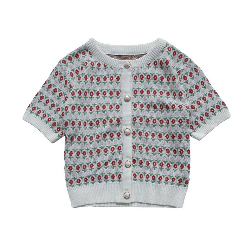 Áo cardigan CCVN dệt kim ngắn tay dáng ôm đính nút ngọc trai phong cách Hàn Quốc xinh xắn cho nữ