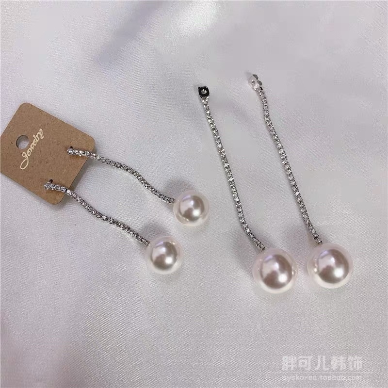 bông tai đính đá dáng dài kèm ngọc sang chảnh phong cách hàn quốc