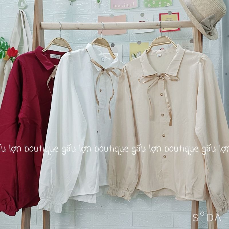 áo sơ mi tay bồng nơ cổ vintage tiểu thư ảnh thật