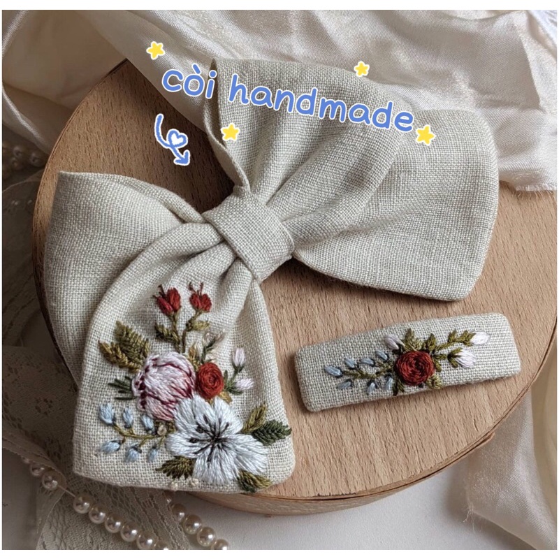 Set Cặp tóc + Nơ thêu handmade