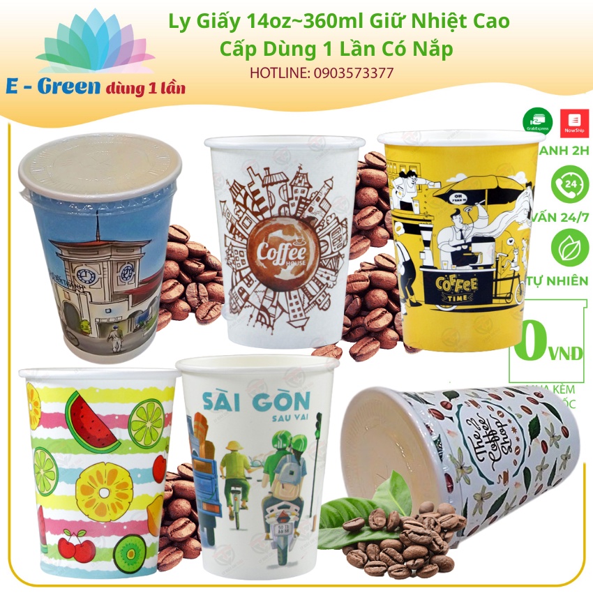 Combo 50-100 Ly giấy cafe in hình 14oz ~ 360ml, có nắp, chống đổ, giữ nhiệt, chống thấm cao cấp