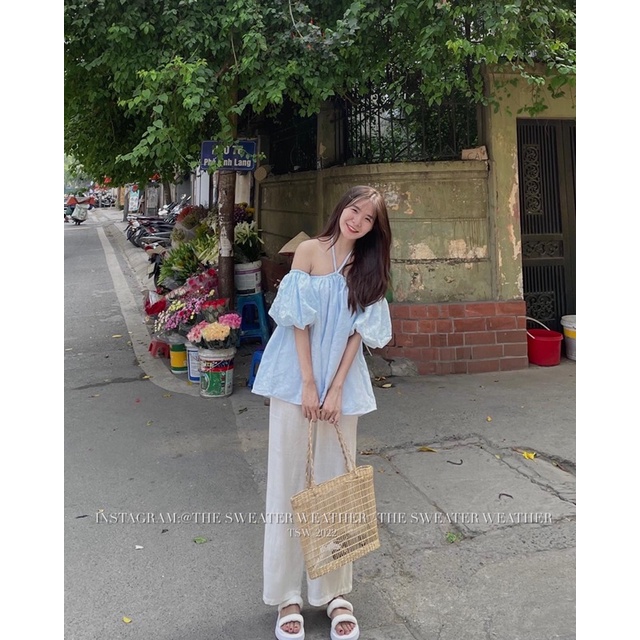 Áo trễ vai hoa nổi tay phồng mặc 2 kiểu the.sweaterweather TSW (Ảnh thật) | BigBuy360 - bigbuy360.vn