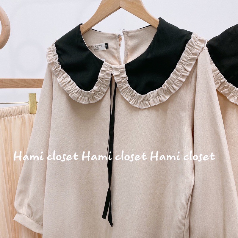 Váy babydoll cổ tròn viền bèo xinh xắn dáng suông rộng phong cách ulzzang