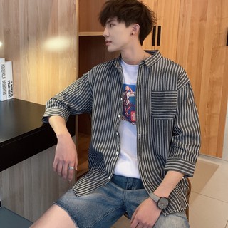 Áo sơ mi dáng rộng phối họa tiết kẻ sọc thời trang phong cách Hàn Quốc dành cho nam