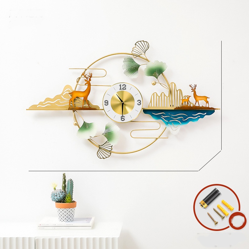 Tranh kim loại tròn kèm đồng hồ tròn hình hươu decor nhà cửa phong cách Bắc Âu