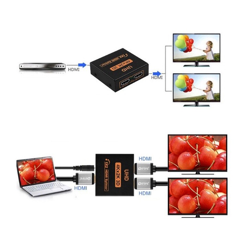 Bộ Chia HDMI Splitter 1 ra 2 H2pro cao cấp chuẩn 4K-3D-chất lượng cao chuẩn đầu vào, hàng hãng (tặng củ sạc 5V-1A 50k)