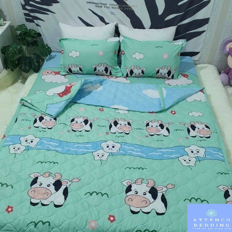 Chăn ga gối ❣FreeShip❣Chăn ga gối 5 món Cotton Poly chăn trần bông 3 lớp ,không bai không xù đường may thủ công