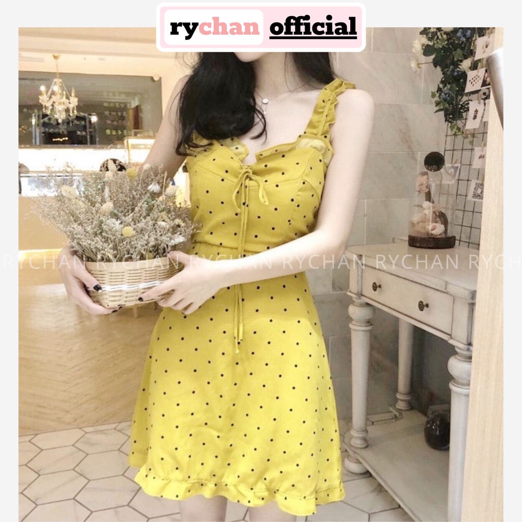 DX783 - Đầm Xòe Dạo Biển Bi Vàng Hai Dây Bèo Nơ Ngực