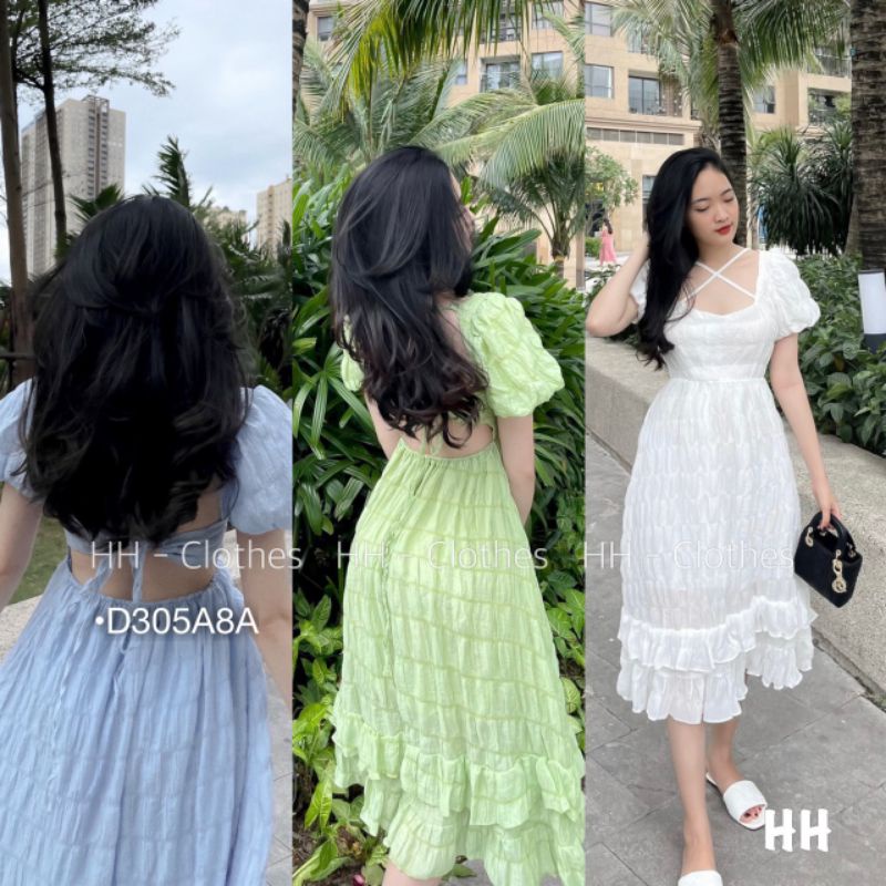 Đầm Maxi Hở Lưng Váy Đũi Xòe Tay Bồng Nơ Lưng Màu Xanh Thời Trang Đi Biển Dự Tiệc BEBEDOLL