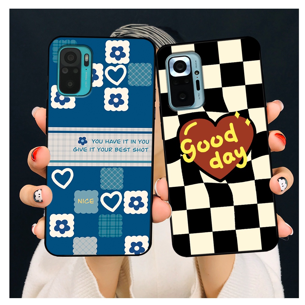 Ốp lưng Xiaomi Redmi Note 10- Note 10s - Note 10 Pro in hoạ tiết caro trái tim đen trắng, gấu bear cute đáng yêu