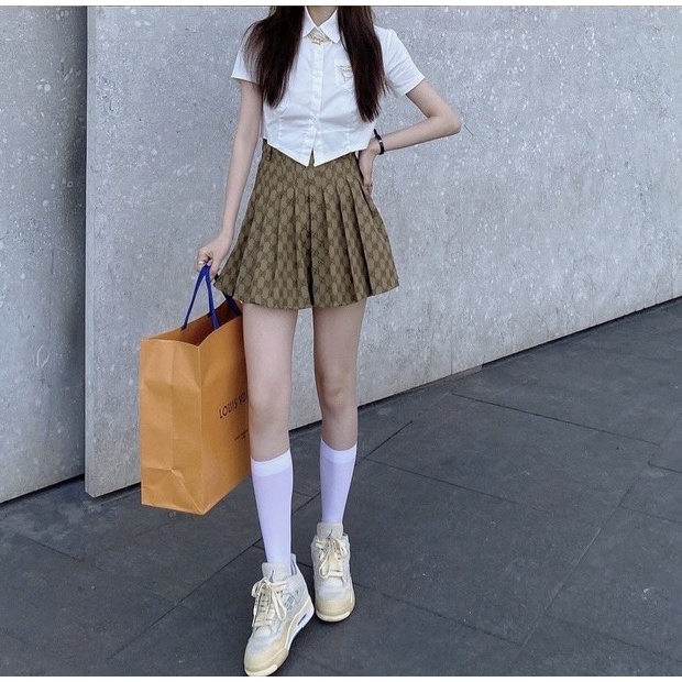 ÁO SƠMI NỮ TAY NGẮN ÁO CROPTOP MIX CHÂN VÁY XÒE XẾP LY SET TIEU THU CHẤT LIỆU ĐŨI HÀNG CAO CẤP