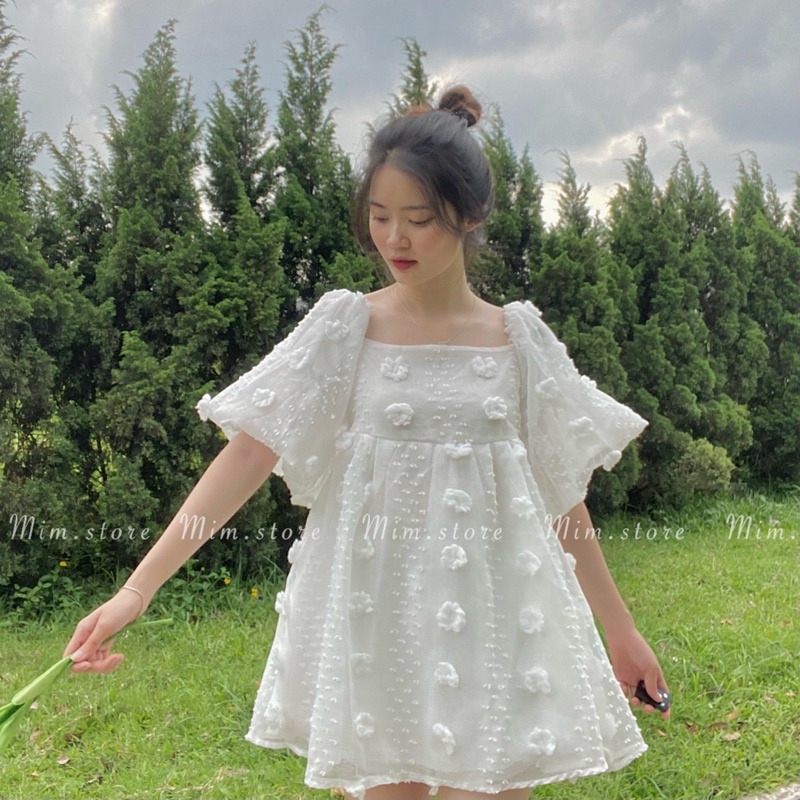 Áo babydoll trễ vai hoa nổi, áo trễ vai tay phồng tiểu thư