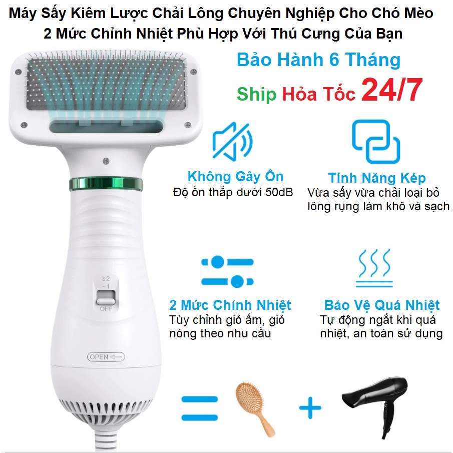 Máy Sấy Kiêm Lược Chải Lông Chó Méo Đa Năng 2in1, 2 Mức Chỉnh Nhiệt, Dụng Cụ Chăm Sóc Thú Cưng Tại Nhà