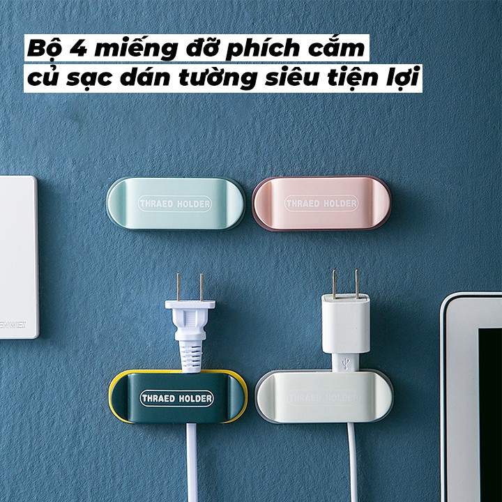 Bộ 4 miếng đỡ phích cắm củ sạc đồ dùng sinh hoạt, miếng định vị dây điện cáp sạc dánh tường thông minh Thread Holder
