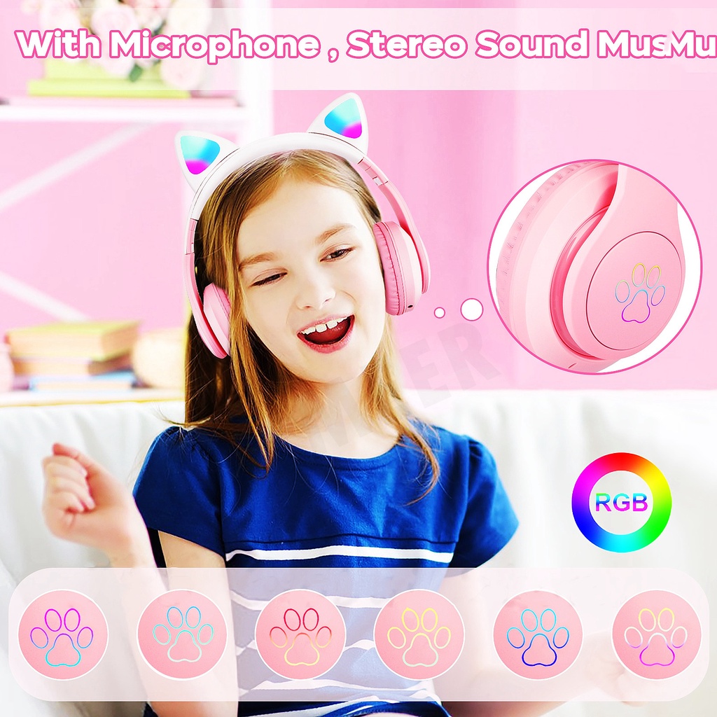 Tai Nghe Chụp Tai Bluetooth Không Dây Âm Thanh Nổi RGB Hình Tai Mèo Màu Gradient Có Mic Cho Bé Gái