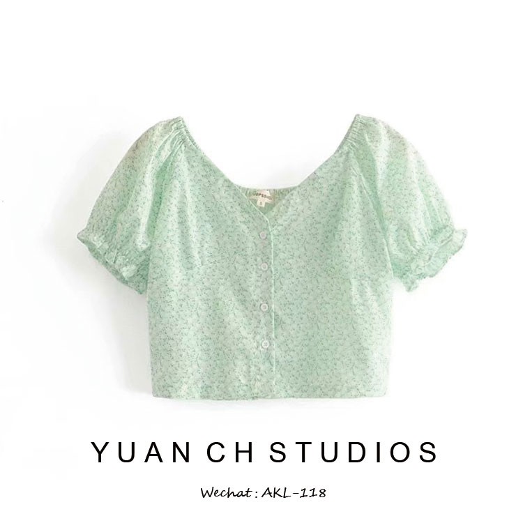 (ORDER) Áo sơ mi nữ hoa nhí màu xanh lá style retro vintage nhẹ nhàng