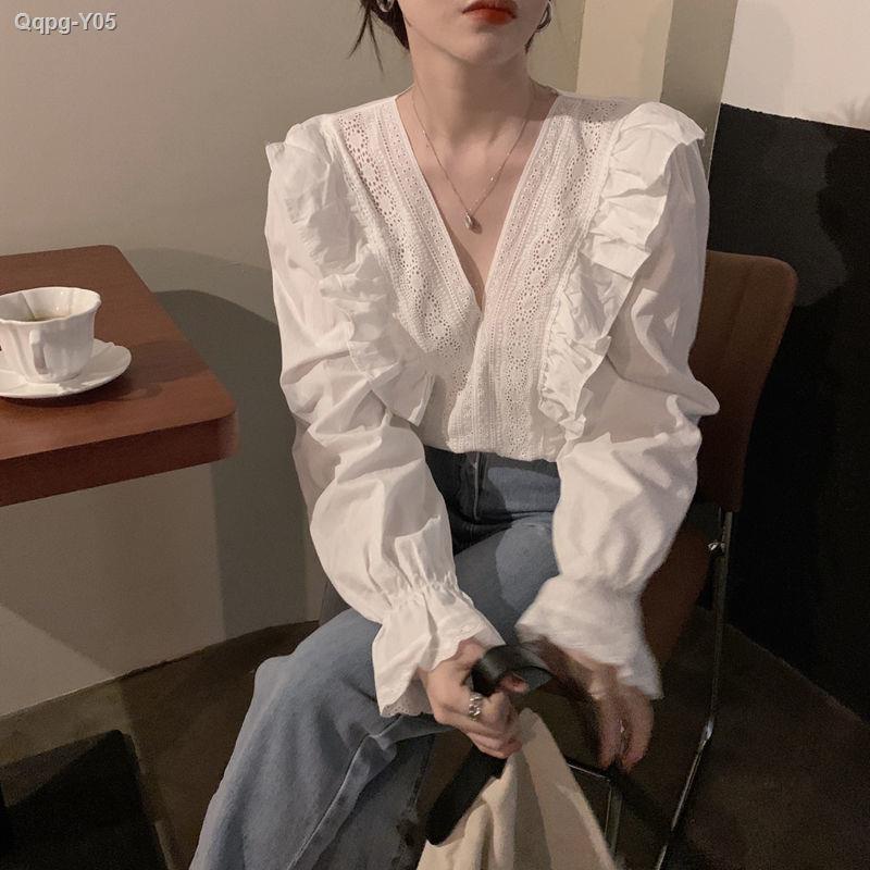 ❣ ◙ 【Gửi hàng từ Trung Quốc】Mùa xuân và mùa thu 2022 cảm giác thiết kế mới Pháp niche xù xì cổ chữ V rộng rãi áo sơ mi t