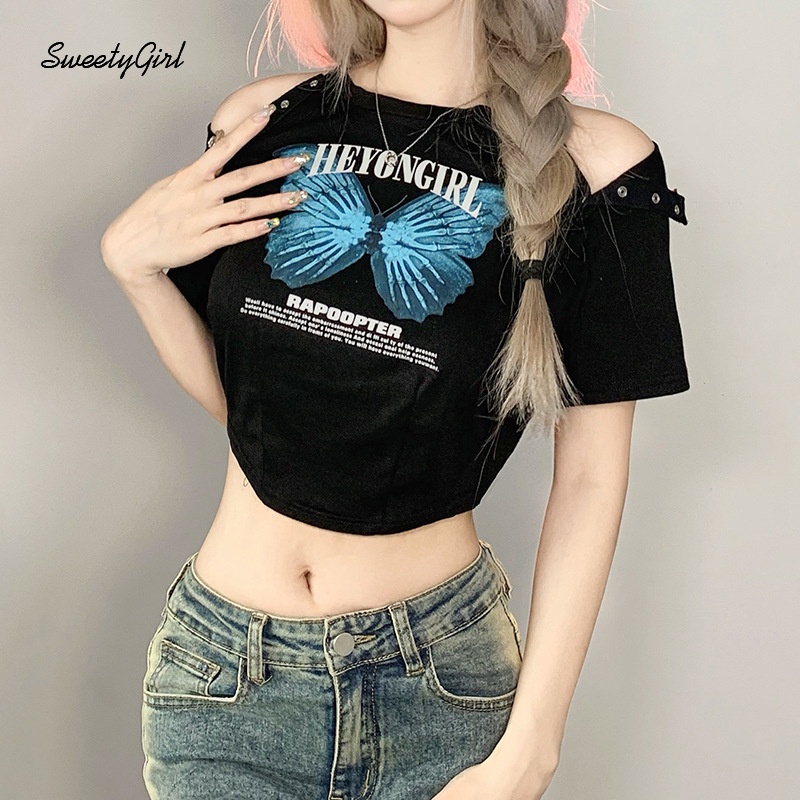 Áo Thun Tay Ngắn Cổ Tròn In Chữ Và Bướm Thời Trang 2022 Dành Cho Nữ