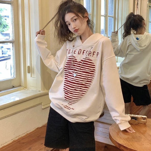 【ZHELIHANGFEI】Áo Hoodie Rách Trái Tim Form Rộng Theo Phong Cách Preppy Dễ Phối Đồ