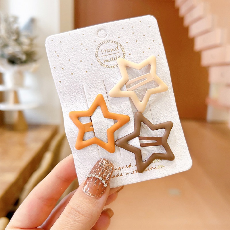 Set 3 Kẹp Tóc Khaki Màu Be / Cà Phê / Ngôi Sao / Trái Tim / Hình Học Dễ Thương Cho Bé Gái