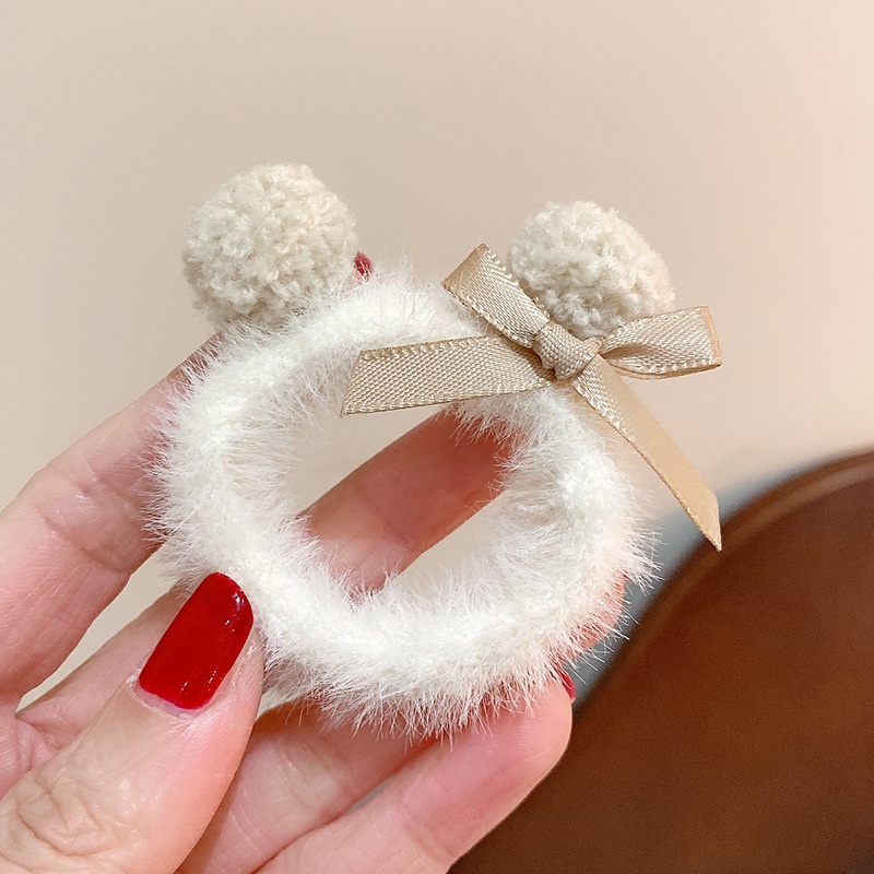 Cột tóc srunchies nhỏ vải lông tai gấu nơ sọc caro dễ thương S04