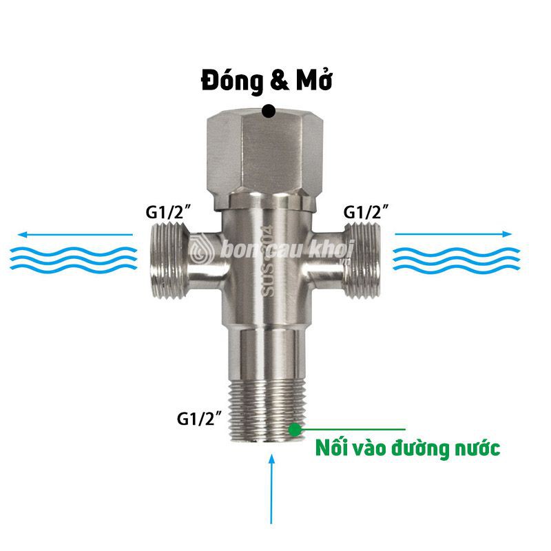 Van chia giảm áp, van chữ T, khóa 2 đường nước SUS 304, không gỉ sét