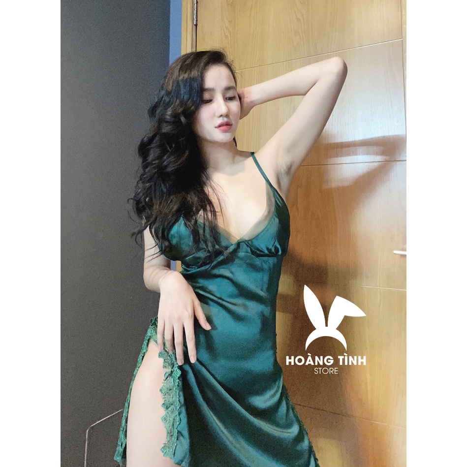 Đầm ngủ sexy 2 dây phối ren eo, ngực phối lưới gợi cảm Hoàng Tình Store lụa satin cao cấp mềm mại quyến rũ Freesize