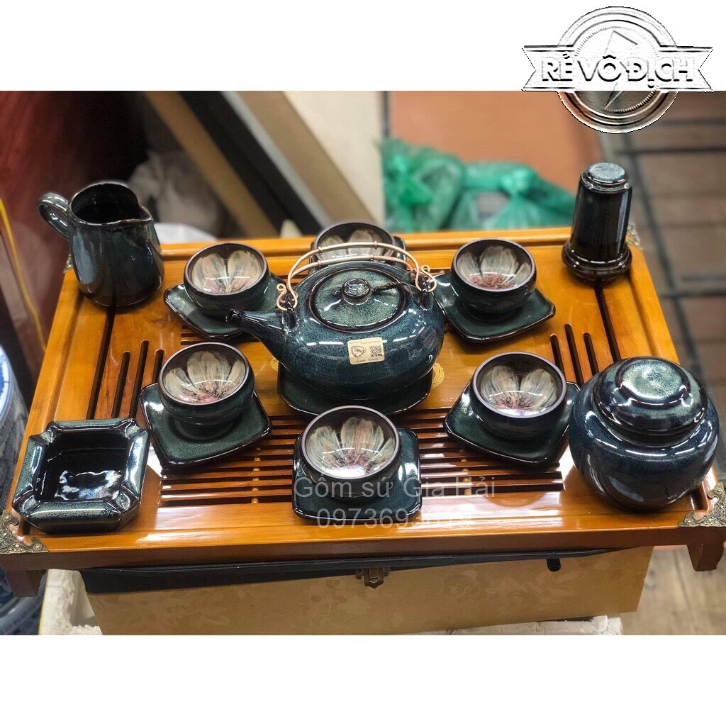 Bộ ấm chén nghệ nhân Bát Tràng men hỏa biến chuồn dáng Giang Tây