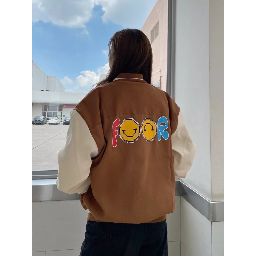 ÁO KHOÁC NỈ NỮ KIỂU BOMBER NÚT BẤM IN CHỮ FLOOR MÀU ĐEN BÒ XANH VÀNG KEM SIÊU ẤM ÁP CAO CẤP NITIQC