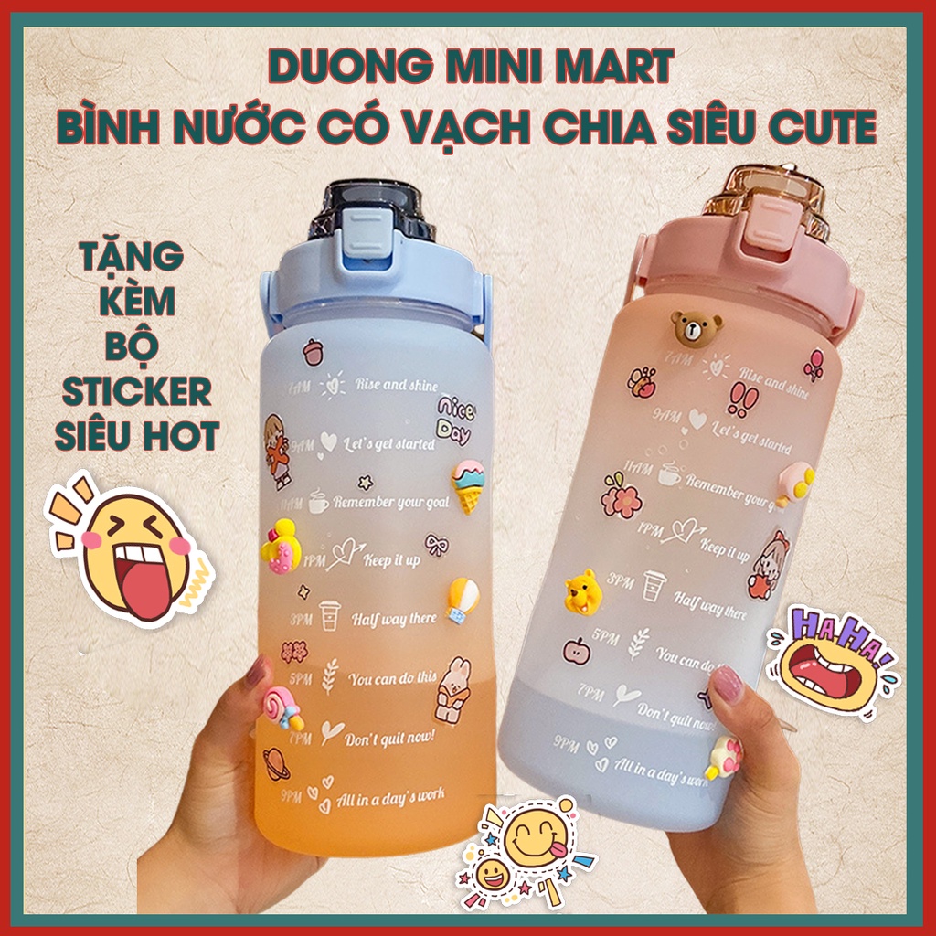 Bình Nước 2 Lít Chia Vạch Báo Giờ Uống, Bình Đựng Nước Thể Thao Có Quai Xách Vòi Hút Siêu Cute