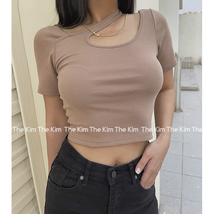 Áo thun croptop ngắn tay chất cotton phối dây chéo cổ , áo phông basic The Kim A110