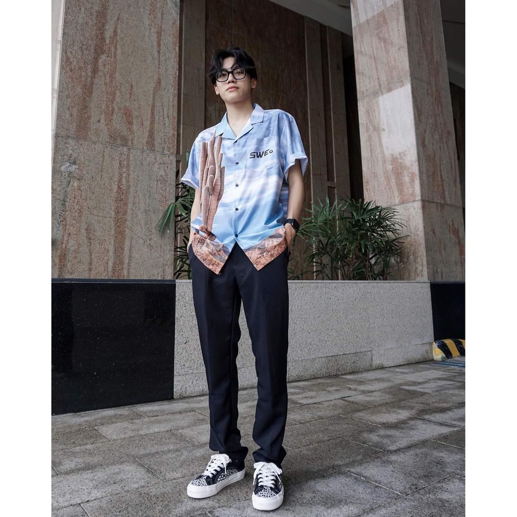 Áo sơ mi nam nữ oversize hình CÂU XƯƠNG RỒNG xanh
