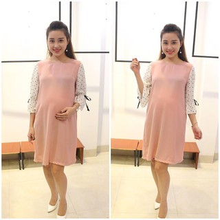 Váy bầu tím hồng tay lửng trắng chấm bi thời trang