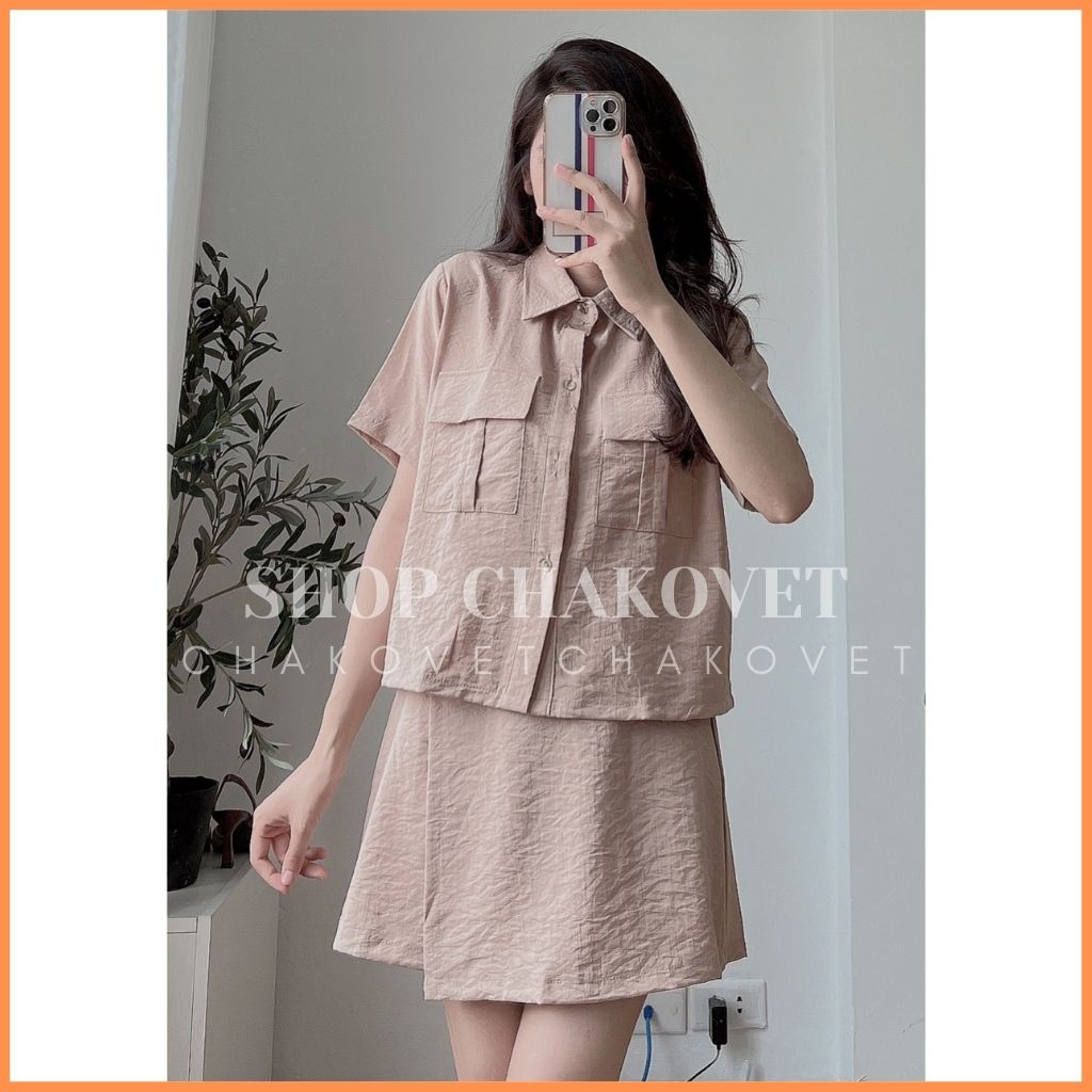 Set đồ nữ mùa hè đi biển S8288, bộ set sơ mi quần đùi giả váy áo cộc tay 2 túi sang chảnh cá tính freesize - CHAKOVET