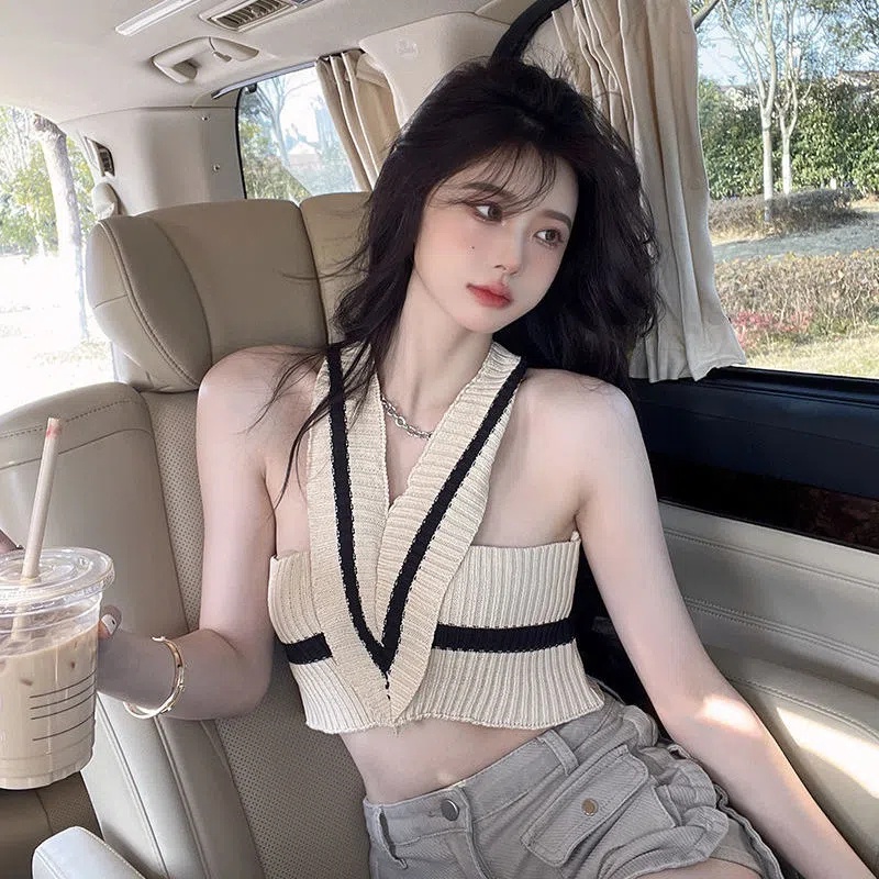 Happy-store ❤️ Áo len mỏng cổ yếm dáng croptop ❤️ Áo kiểu cổ chéo dáng ôm