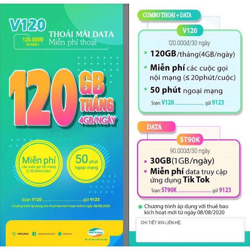 Sim 4G Viettel V120 4GB/NGÀY - 120GB DATA - Gọi Miễn Phí - Sim Tín Phát