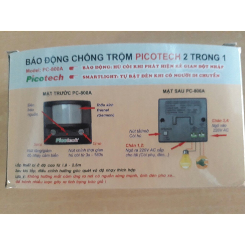 Báo trộm hồng ngoại PICOTECH PC-800A BẬT ĐÈN HÚ CÒI KHI CÓ TRỘM