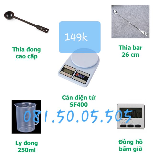 Bộ 5 dụng cụ pha chế: Cân điện tử - Đồng hồ bấm giờ - Thìa đong định lượng 15g cao cấp - Thìa bar - Ly đong 250ml