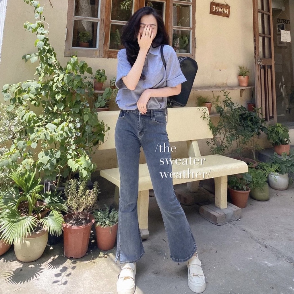 Áo sơ mi kẻ sau lưng cài cúc, Áo sơ mi xẻ cúc lưng cách điệu phong cách Hàn Quốc