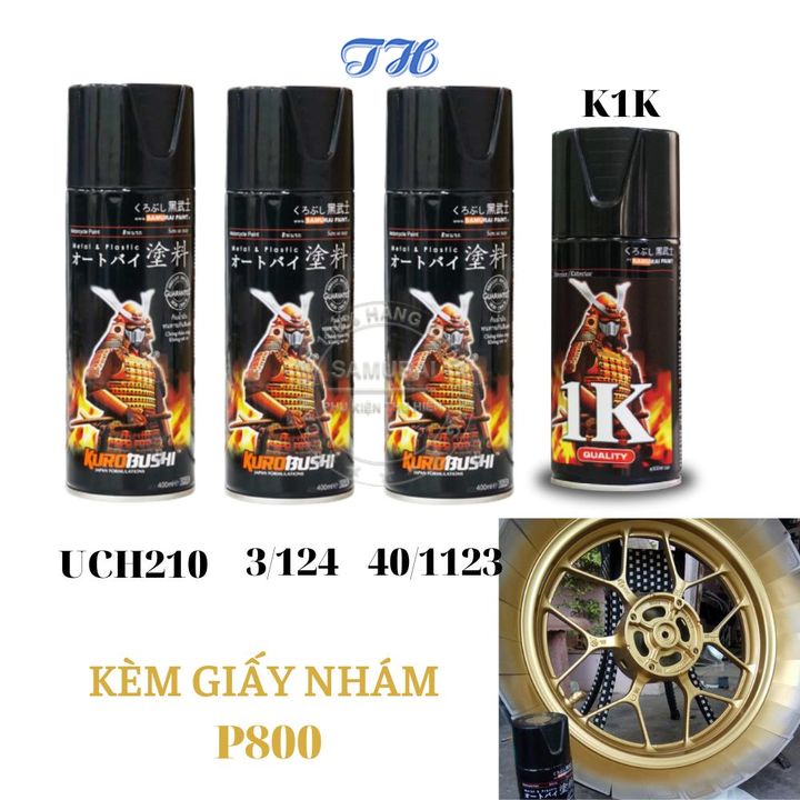 Combo 4 chai sơn samurai 40/1123 màu vàng lấp lánh gồm: uch210 - 3/124 - 40/1123 - k1k - giấy nhám p800