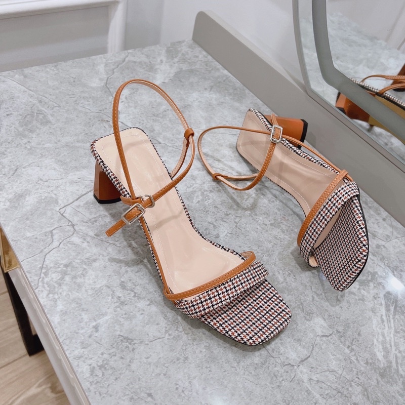 Sandal công sở phối màu độc lạ - sandal dây caro đẹp lạ gót 5p xuất sắc -01