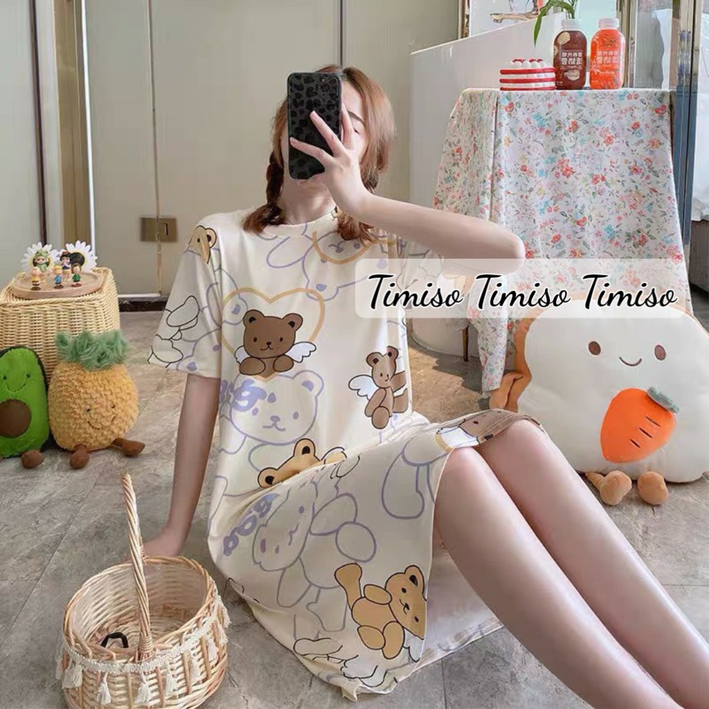 Váy mặc nhà dáng suông chất thun sữa mềm - Váy Ngủ họa tiết kute ngộ nghĩnh V287